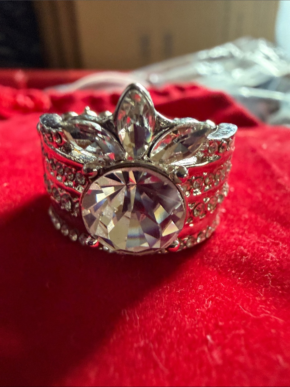 Crystal Crown Statement Ring - Silver Tone, (J0296)
